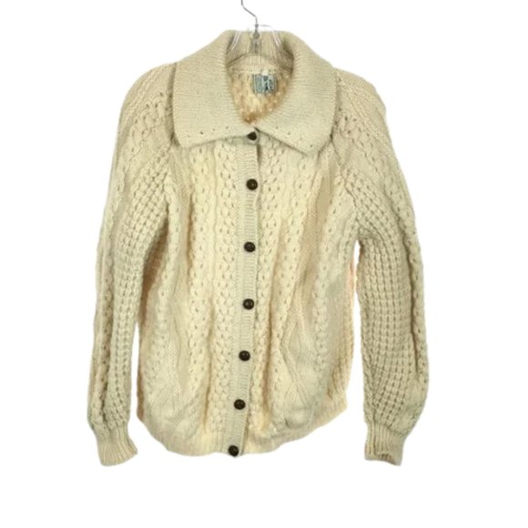 Womens Size Large Cladyknit Cream Vintage Pure Wool Mixed Knit Cardigan Sweater - Picture 1 of 3